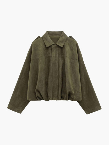 Faux Suede Bomber Jacket with Structured Shirt Collar