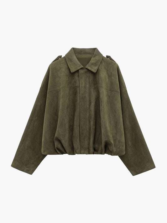 Faux Suede Bomber Jacket with Structured Shirt Collar