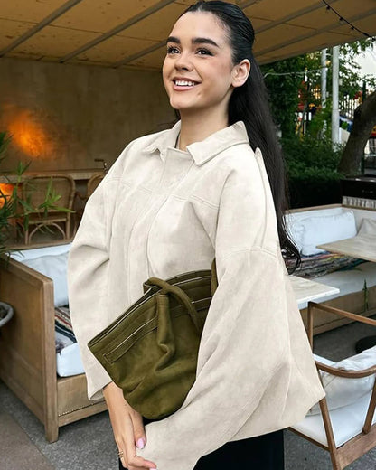 Faux Suede Bomber Jacket with Structured Shirt Collar