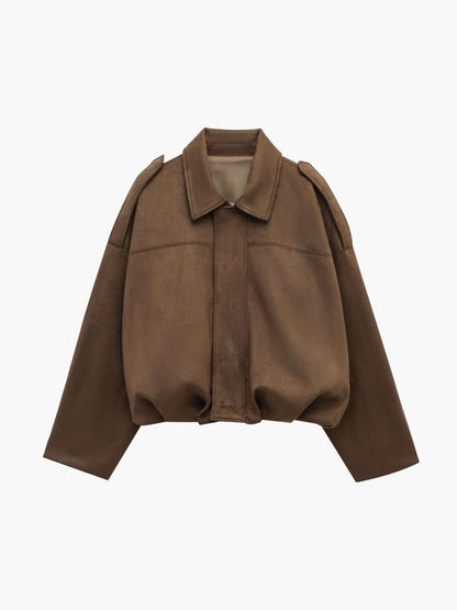 Faux Suede Bomber Jacket with Structured Shirt Collar