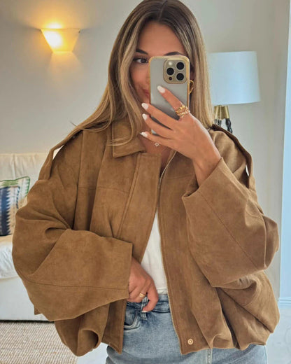 Faux Suede Bomber Jacket with Structured Shirt Collar