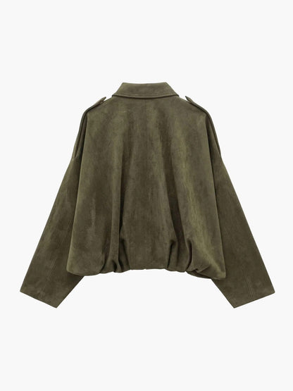 Faux Suede Bomber Jacket with Structured Shirt Collar