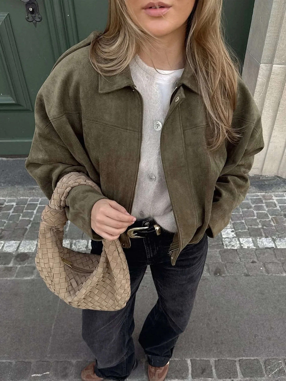 Faux Suede Bomber Jacket with Structured Shirt Collar