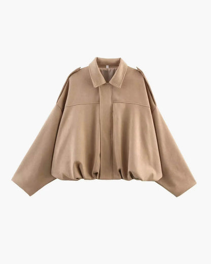 Faux Suede Bomber Jacket with Structured Shirt Collar