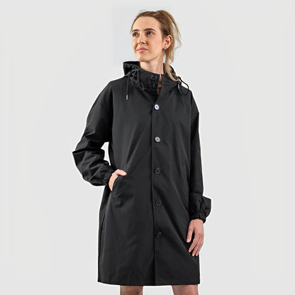 Hooded Rain Jacket with Button Front and Side Pockets