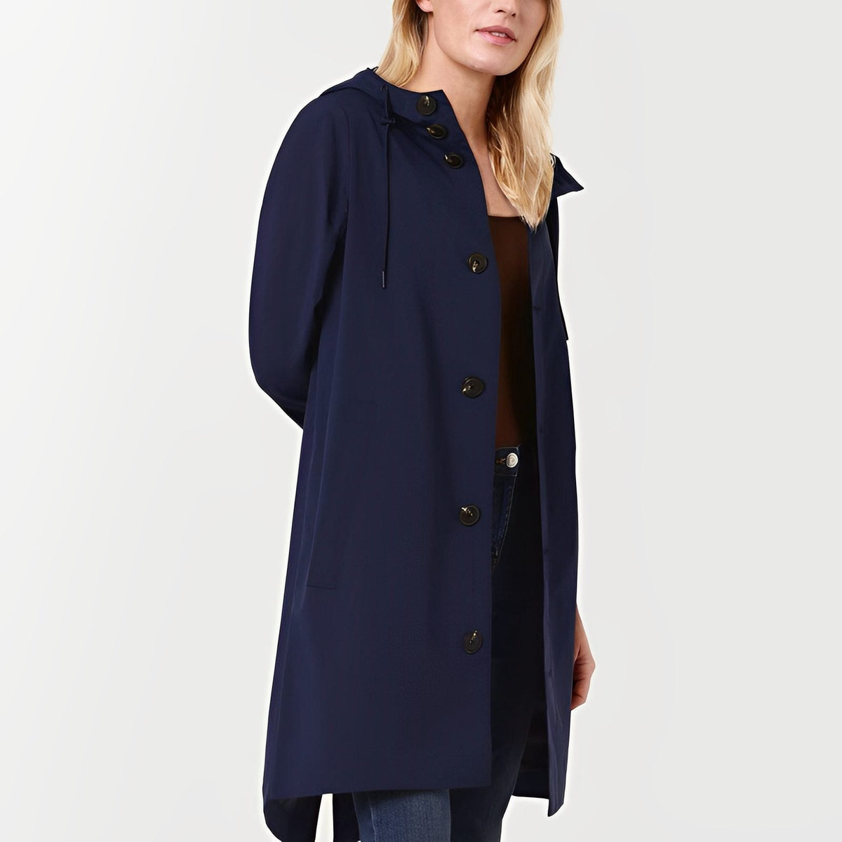 Hooded Rain Jacket with Button Front and Side Pockets