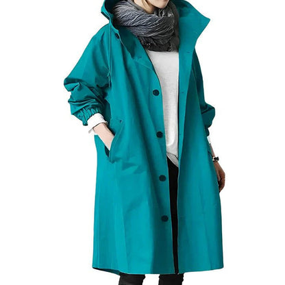 Hooded Rain Jacket with Button Front and Side Pockets