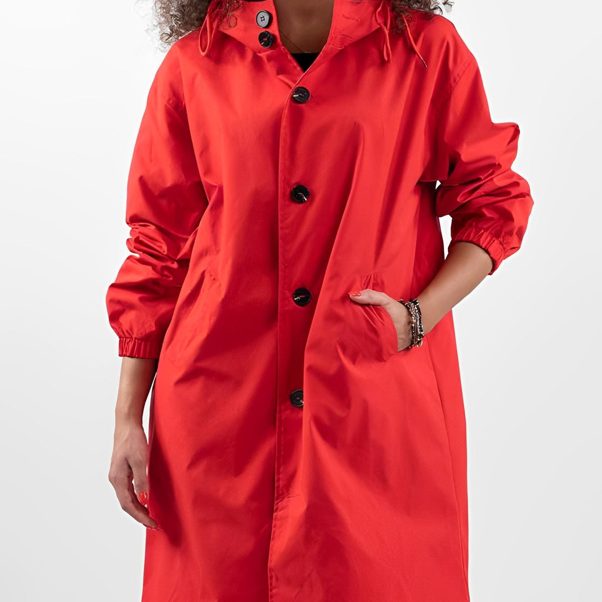Hooded Rain Jacket with Button Front and Side Pockets