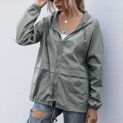 Hooded Rain Jacket with Drawstring Hood and Welt Pockets
