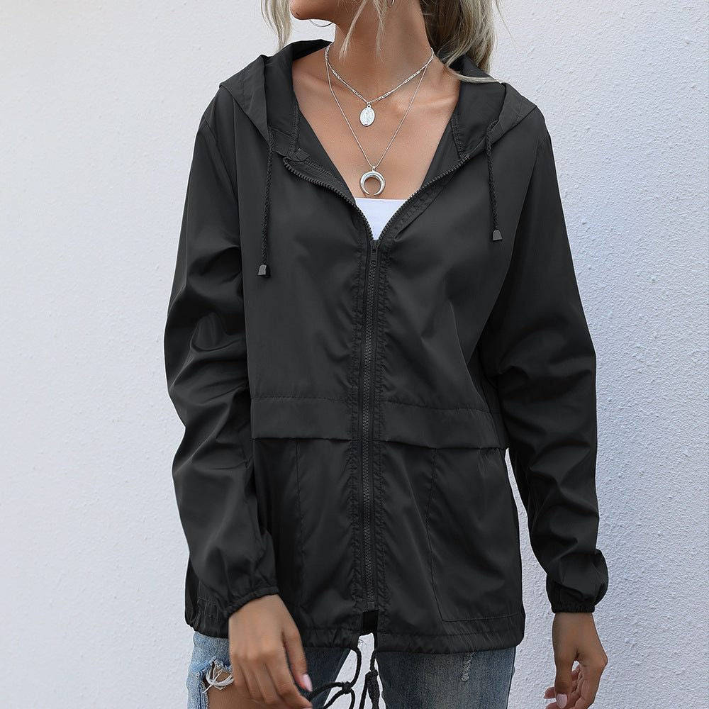 Hooded Rain Jacket with Drawstring Hood and Welt Pockets