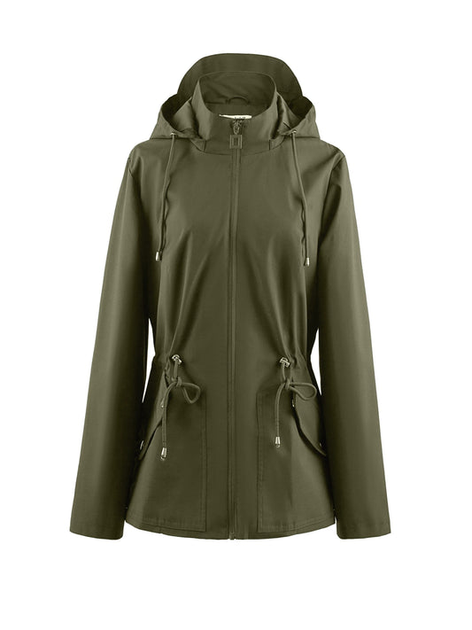 Hooded Zip-Up Rain Jacket with Waist Adjusters
