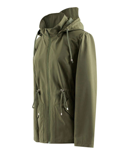 Hooded Zip-Up Rain Jacket with Waist Adjusters