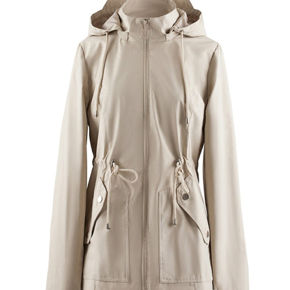 Hooded Zip-Up Rain Jacket with Waist Adjusters