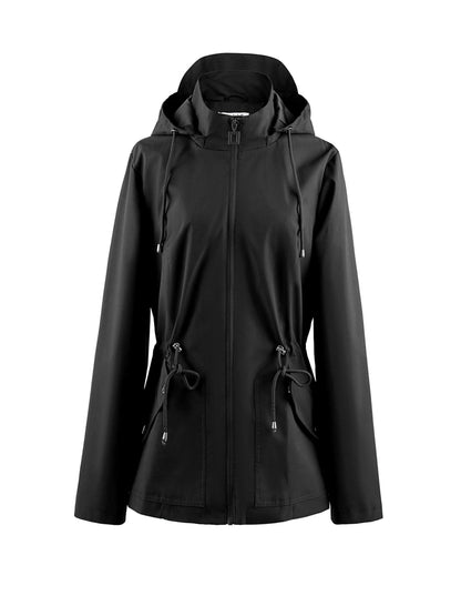 Hooded Zip-Up Rain Jacket with Waist Adjusters