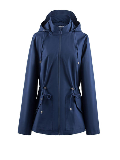 Hooded Zip-Up Rain Jacket with Waist Adjusters