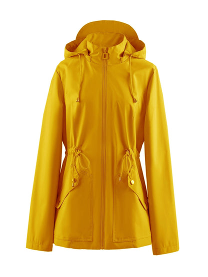 Hooded Zip-Up Rain Jacket with Waist Adjusters