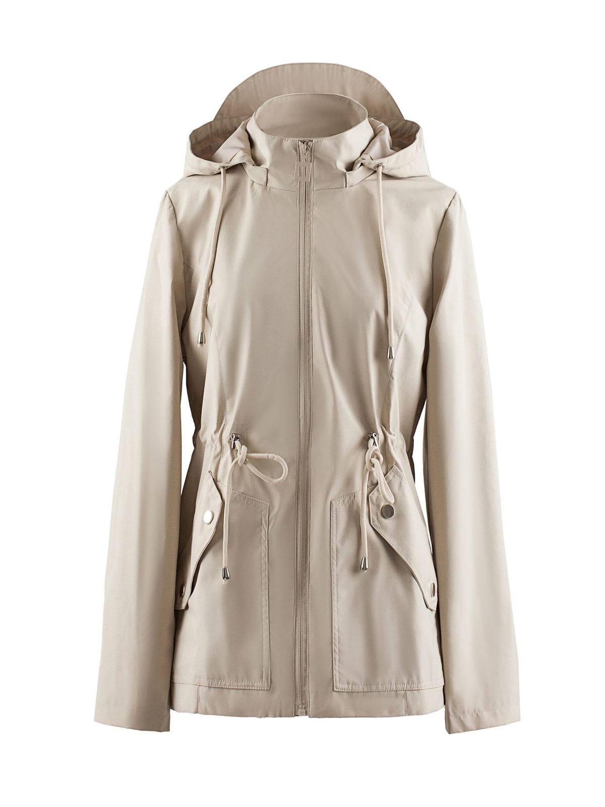 Hooded Zip-Up Rain Jacket with Waist Adjusters