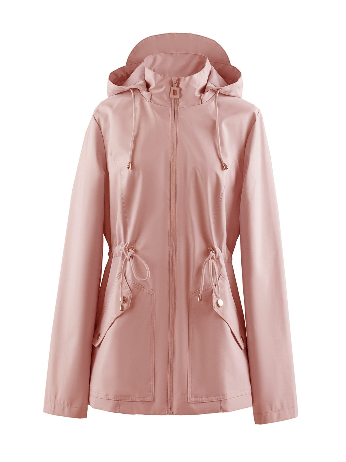 Hooded Zip-Up Rain Jacket with Waist Adjusters