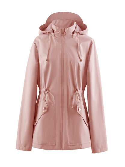 Hooded Zip-Up Rain Jacket with Waist Adjusters