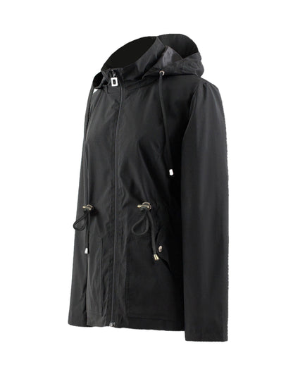 Hooded Zip-Up Rain Jacket with Waist Adjusters