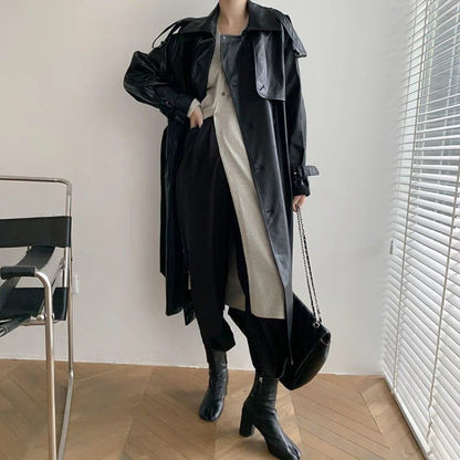 Leather-Look Longline Trench Coat with Tie Belt