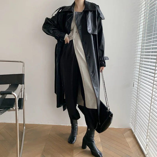 Leather-Look Longline Trench Coat with Tie Belt
