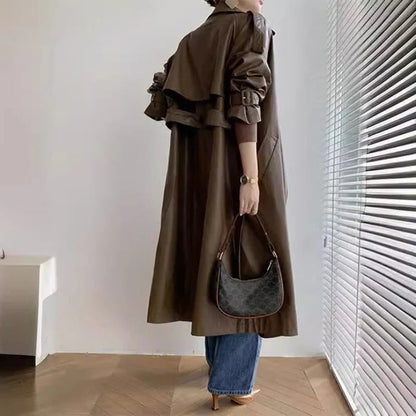Leather-Look Longline Trench Coat with Tie Belt