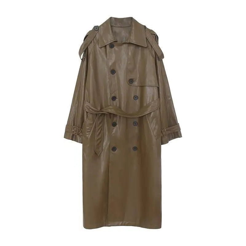 Leather-Look Longline Trench Coat with Tie Belt