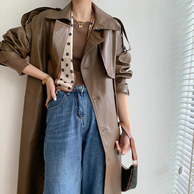 Leather-Look Longline Trench Coat with Tie Belt