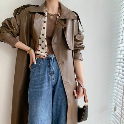 Leather-Look Longline Trench Coat with Tie Belt
