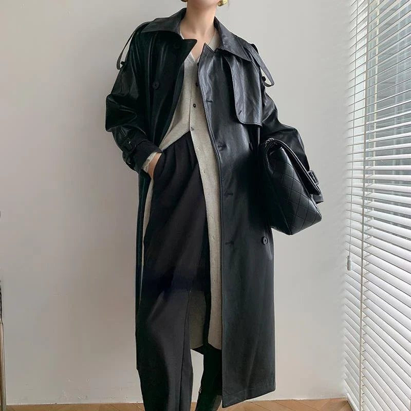 Leather-Look Longline Trench Coat with Tie Belt