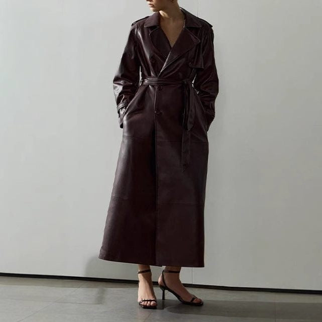 Leather-Look Maxi Trench Coat with Structured Collar and Belt