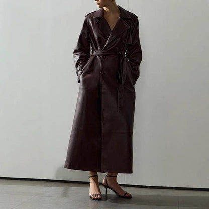 Leather-Look Maxi Trench Coat with Structured Collar and Belt