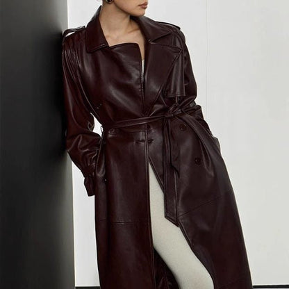 Leather-Look Maxi Trench Coat with Structured Collar and Belt