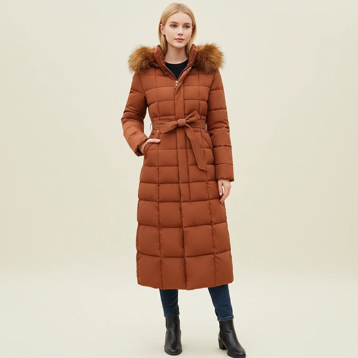 Longline Quilted Puffer Coat with Faux Fur Hood and Belt