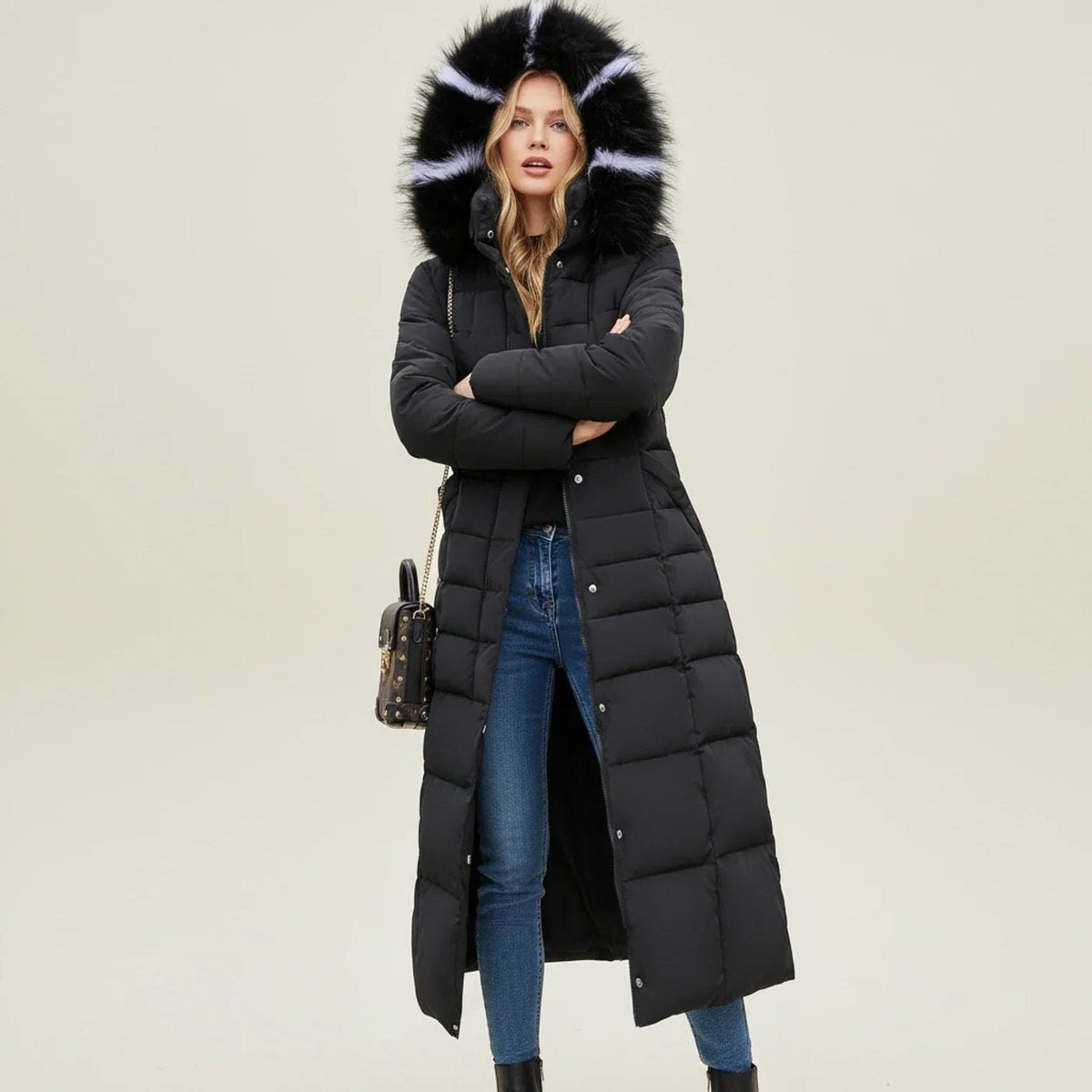 Longline Quilted Puffer Coat with Faux Fur Hood and Belt