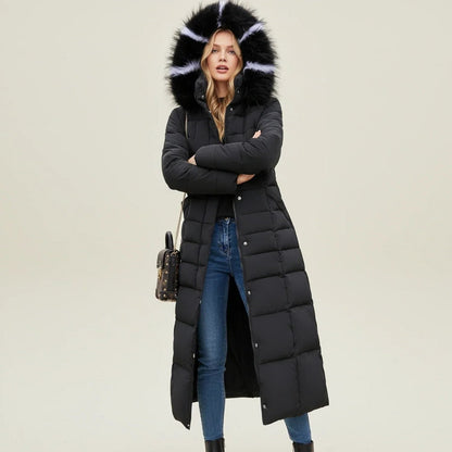 Longline Quilted Puffer Coat with Faux Fur Hood and Belt