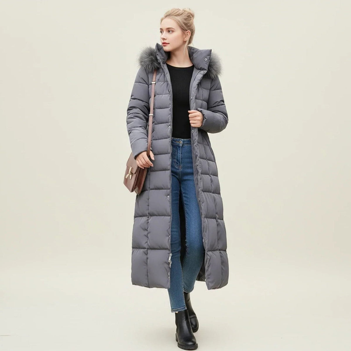 Longline Quilted Puffer Coat with Faux Fur Hood and Belt