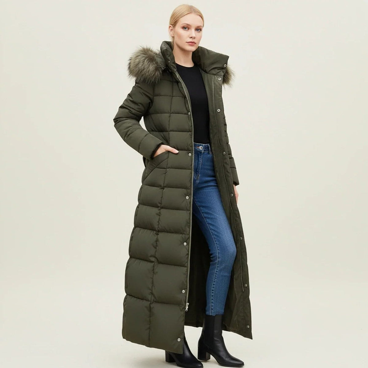Longline Quilted Puffer Coat with Faux Fur Hood and Belt