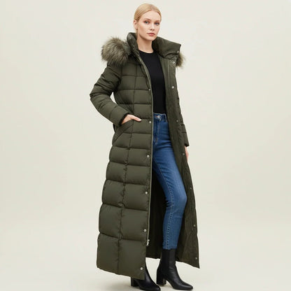 Longline Quilted Puffer Coat with Faux Fur Hood and Belt