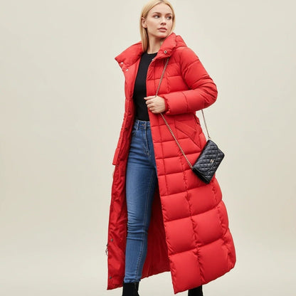 Longline Quilted Puffer Coat with Faux Fur Hood and Belt
