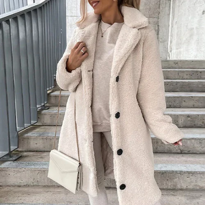 Longline Teddy Coat with Notched Collar and Button Front