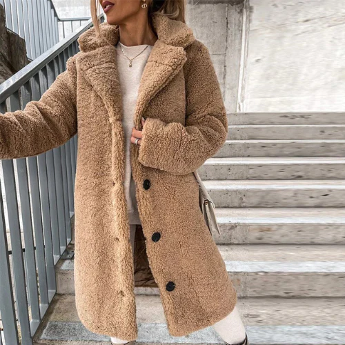 Longline Teddy Coat with Notched Collar and Button Front