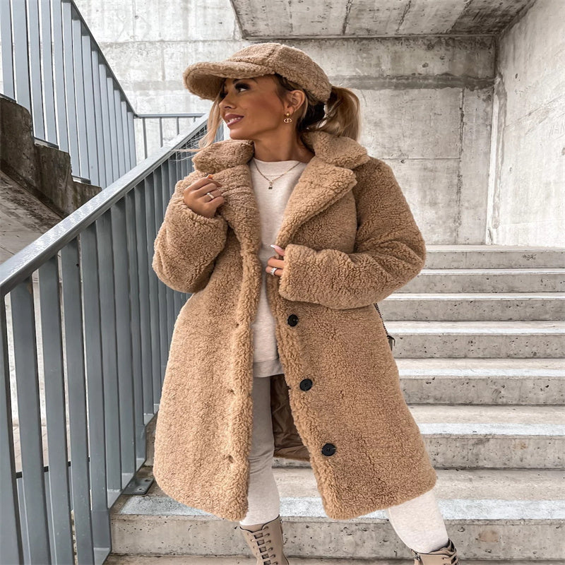 Longline Teddy Coat with Notched Collar and Button Front