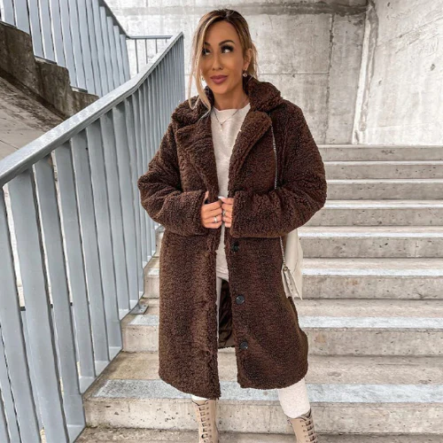 Longline Teddy Coat with Notched Collar and Button Front