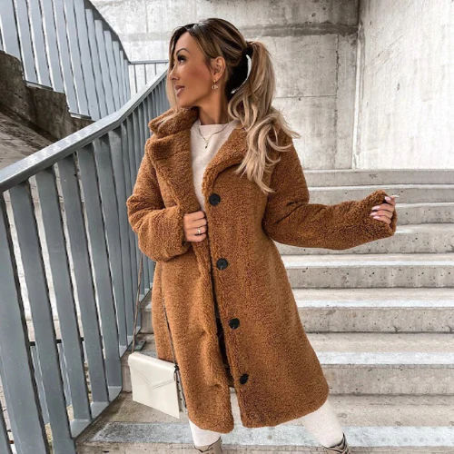 Longline Teddy Coat with Notched Collar and Button Front