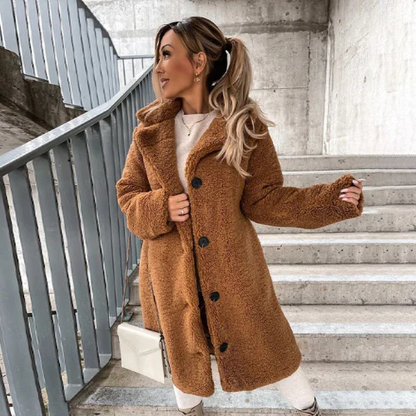 Longline Teddy Coat with Notched Collar and Button Front
