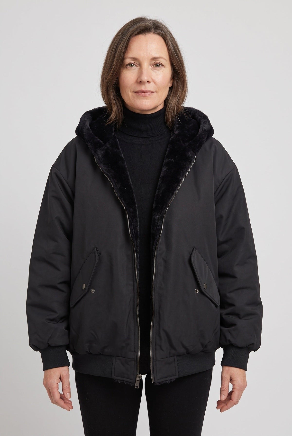 Oversized Hooded Puffer Jacket with Faux Fur Trimmed Hood