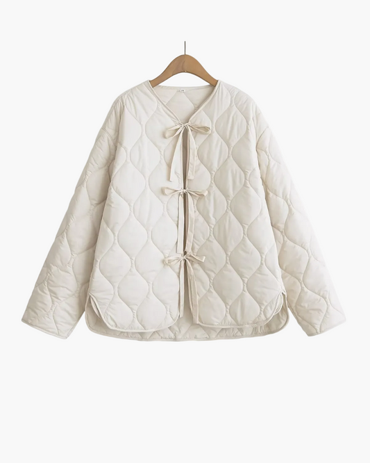 Quilted Jacket with Front Bow Ties and Round Neck